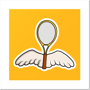 Tennis Racket and Wings Sticker vector illustration. Sports objects icon concept. Tennis with wings logo vector. Flying racket sticker design with shadow on pink background. Posters and Art